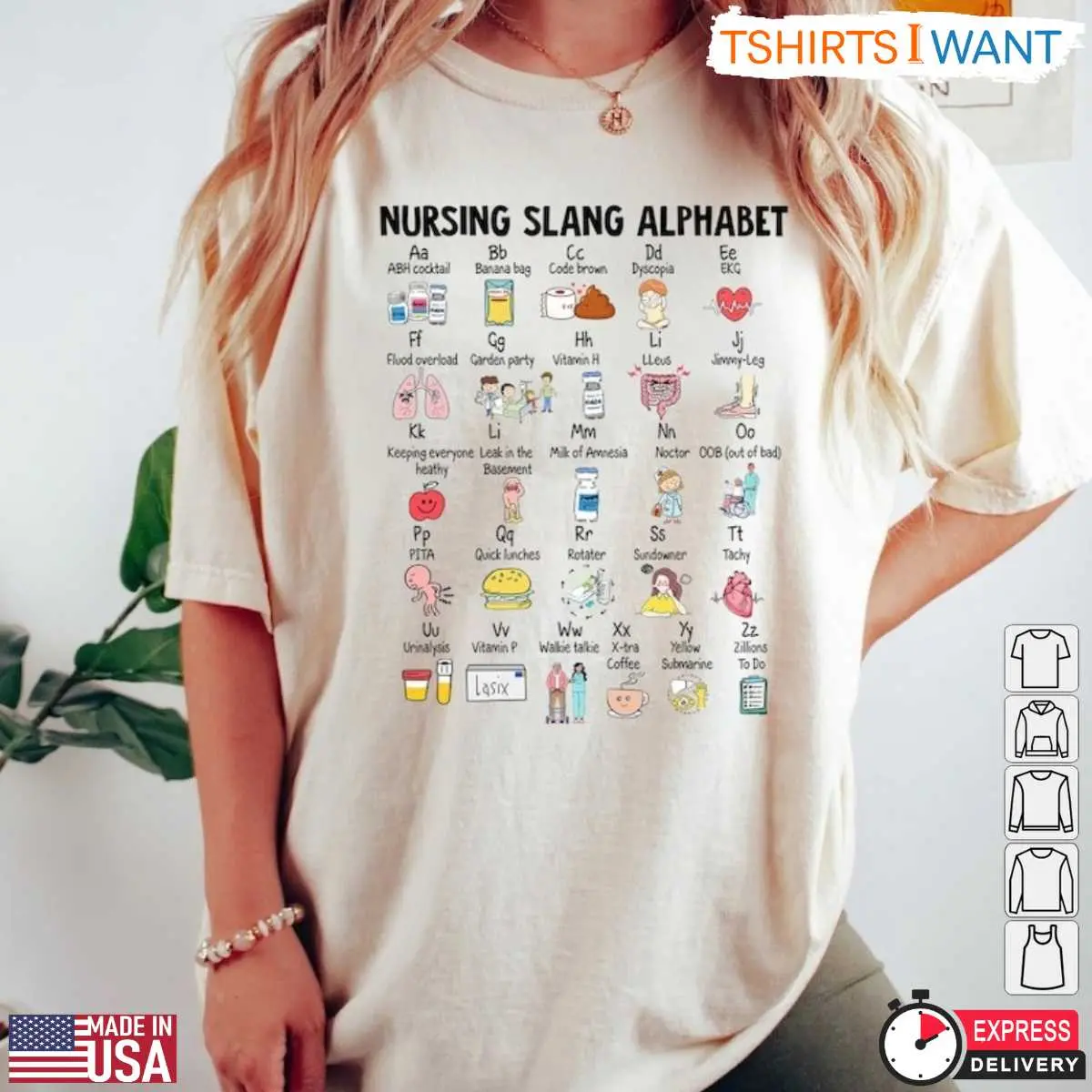 Nurse Alphabet T-shirt - Nursing Slang & Acronyms with Fun Illustrations 12 Nurse Alphabet T-Shirt Front View