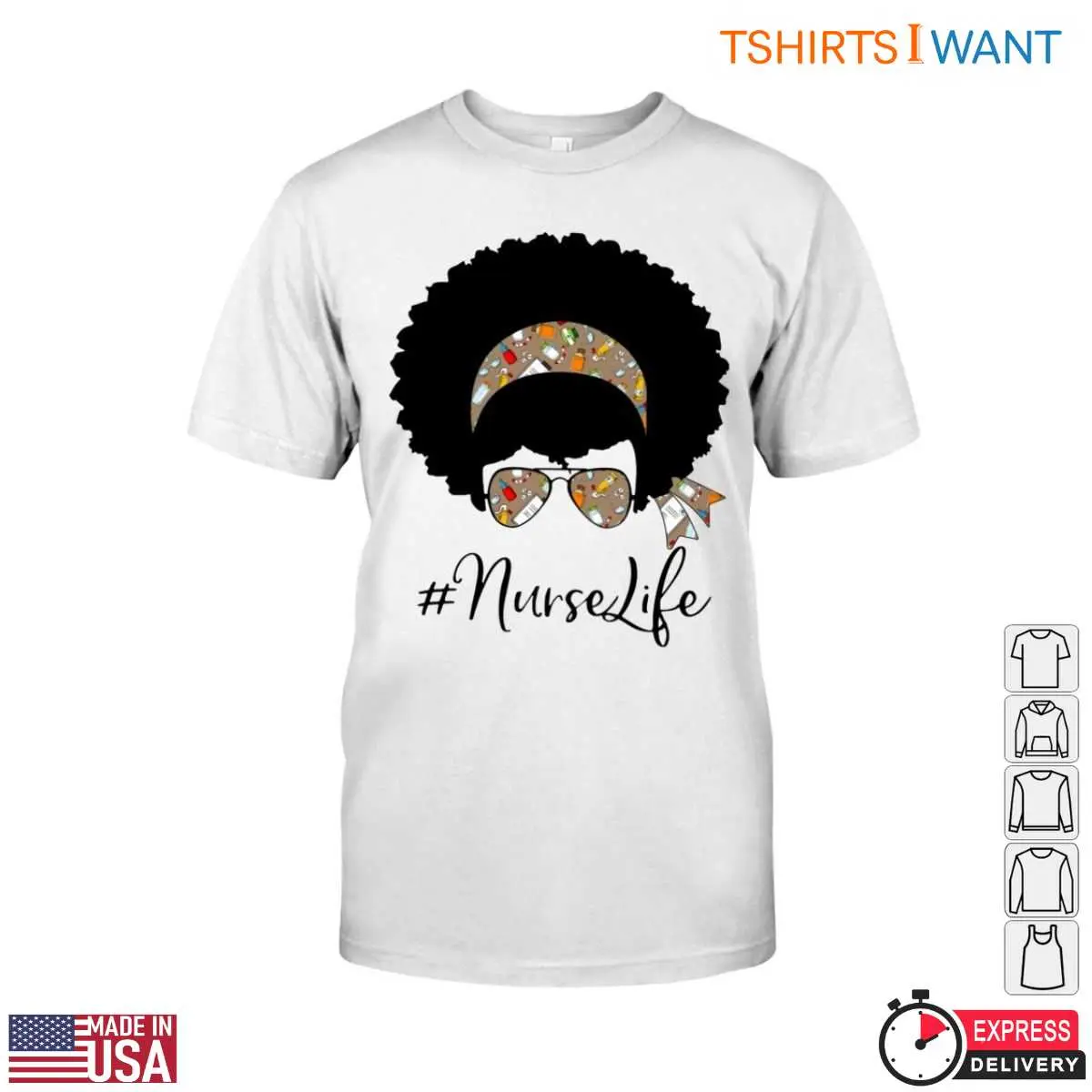 Nurse Life Shirt - Afro Nurse Graphic with Funky Headscarf and Glasses Tee 1 Nurse Life Afro Nurse Headscarf Tee 1 1.jpg
