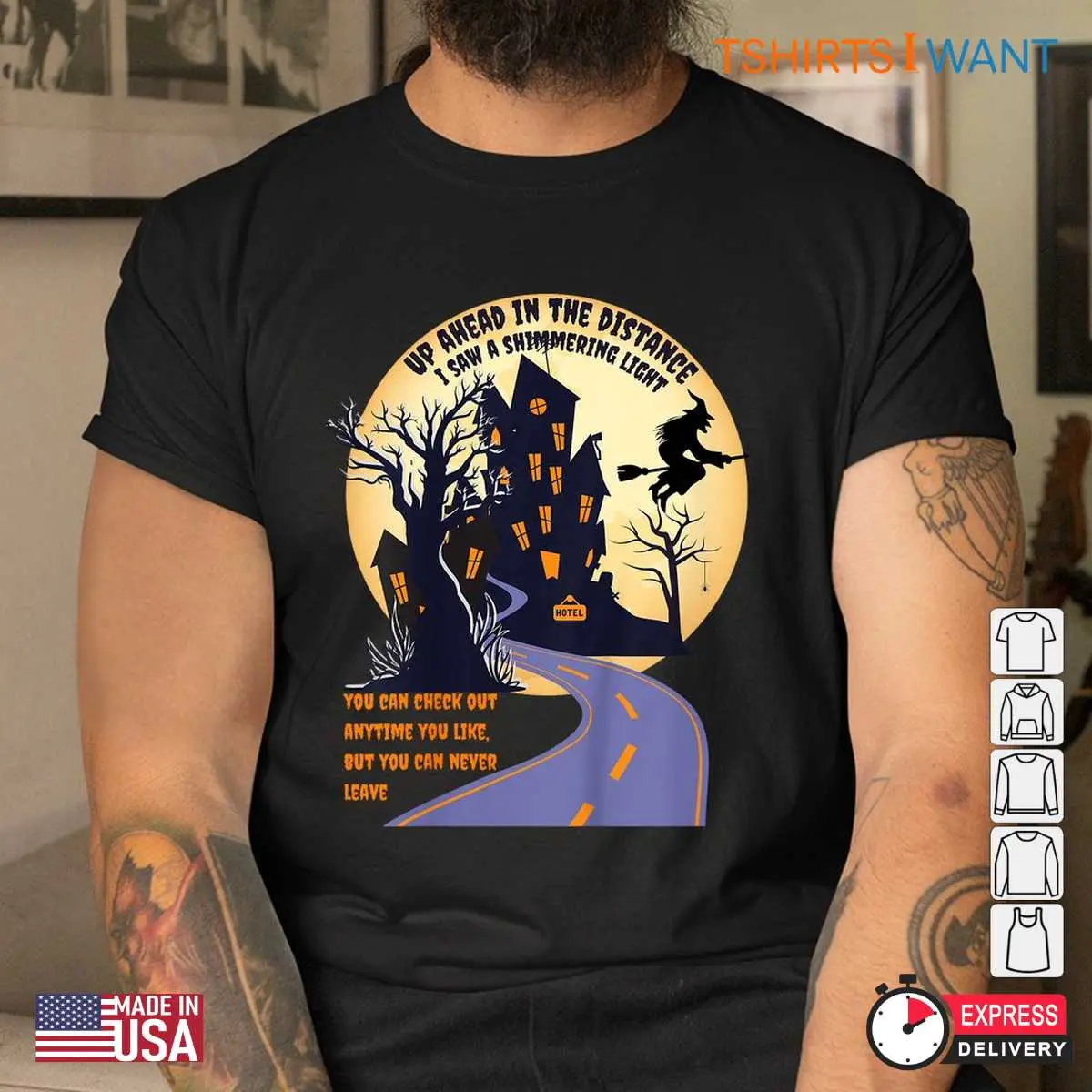 On A Dark Desert Highway Halloween Witch Broom Moon Tee 4 1.jpg