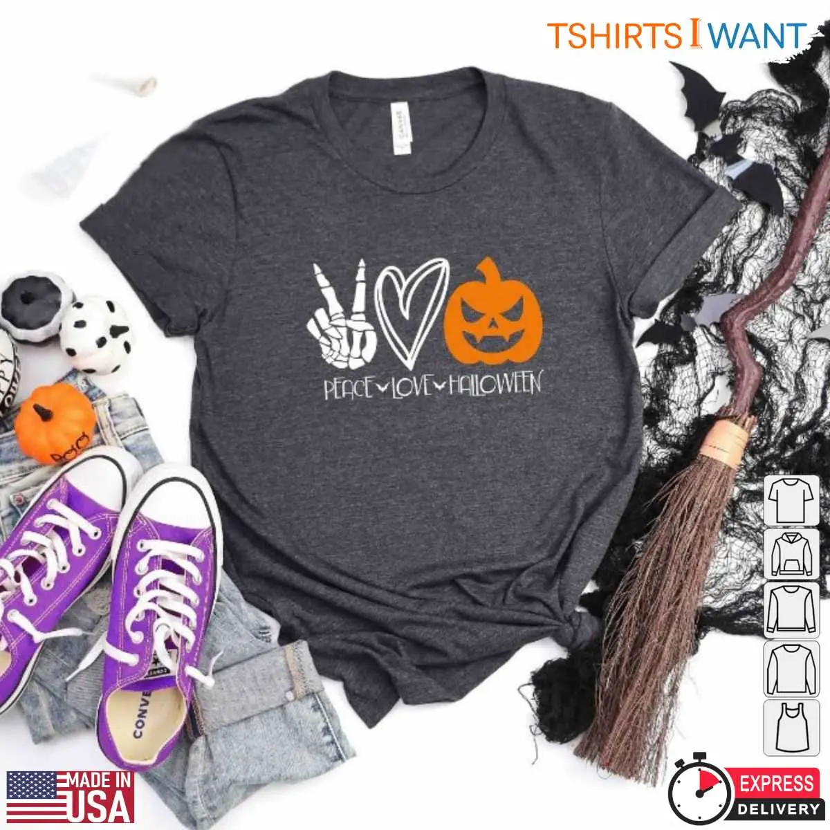 Peace Love Halloween T Shirt Fun Skeleton Hand and Pumpkin Graphic Tee for Halloween Lovers 1 1 1.jpg
