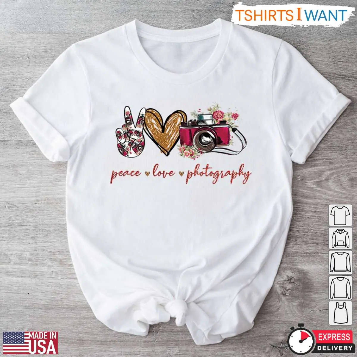 Peace Love Photography Shirt - Floral Camera Design for Photography Lovers 12 Front view of Peace Love Photography Floral Shirt