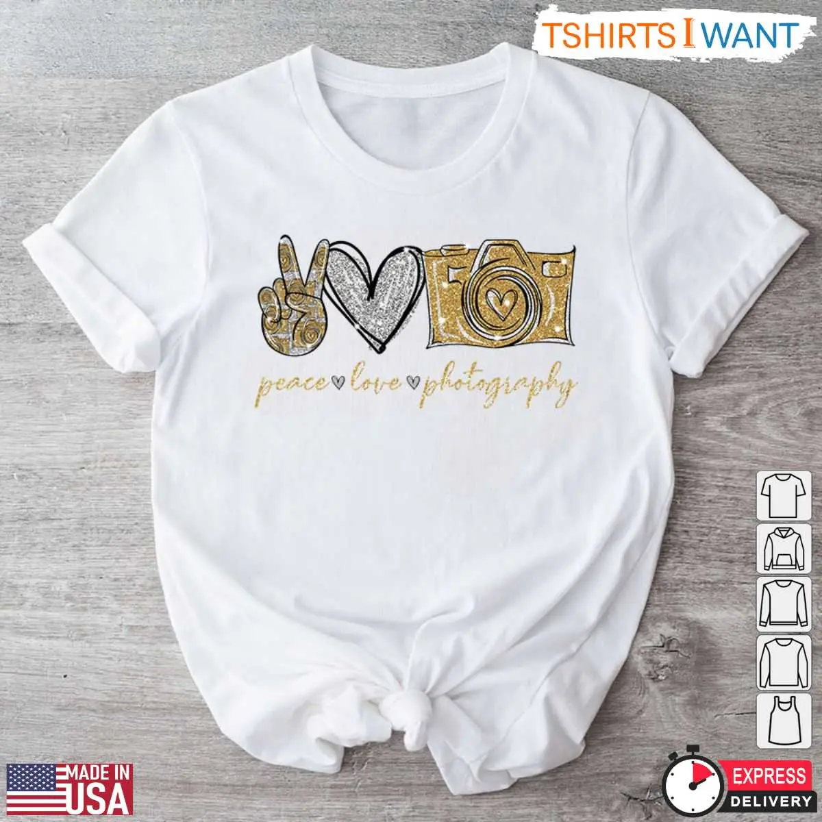Peace Love Photography Shirt - Gold Glitter Camera Design for Photography Enthusiasts 12 Front view of Peace Love Photography Gold Glitter Shirt