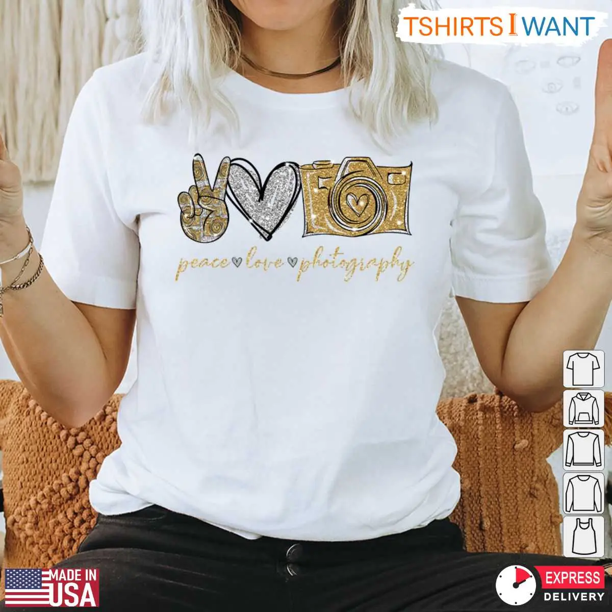 Peace Love Photography Shirt - Gold Glitter Camera Design for Photography Enthusiasts 13 Detail view of Gold Glitter Photography Shirt