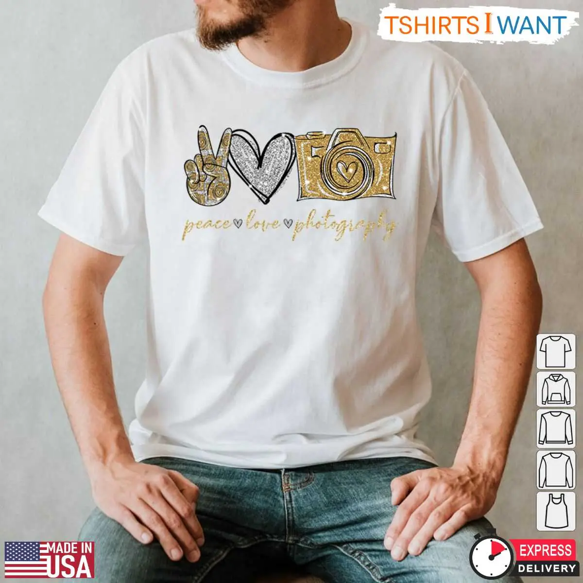 Peace Love Photography Shirt Gold Glitter Camera Design for Photography Enthusiasts 3 1.jpg