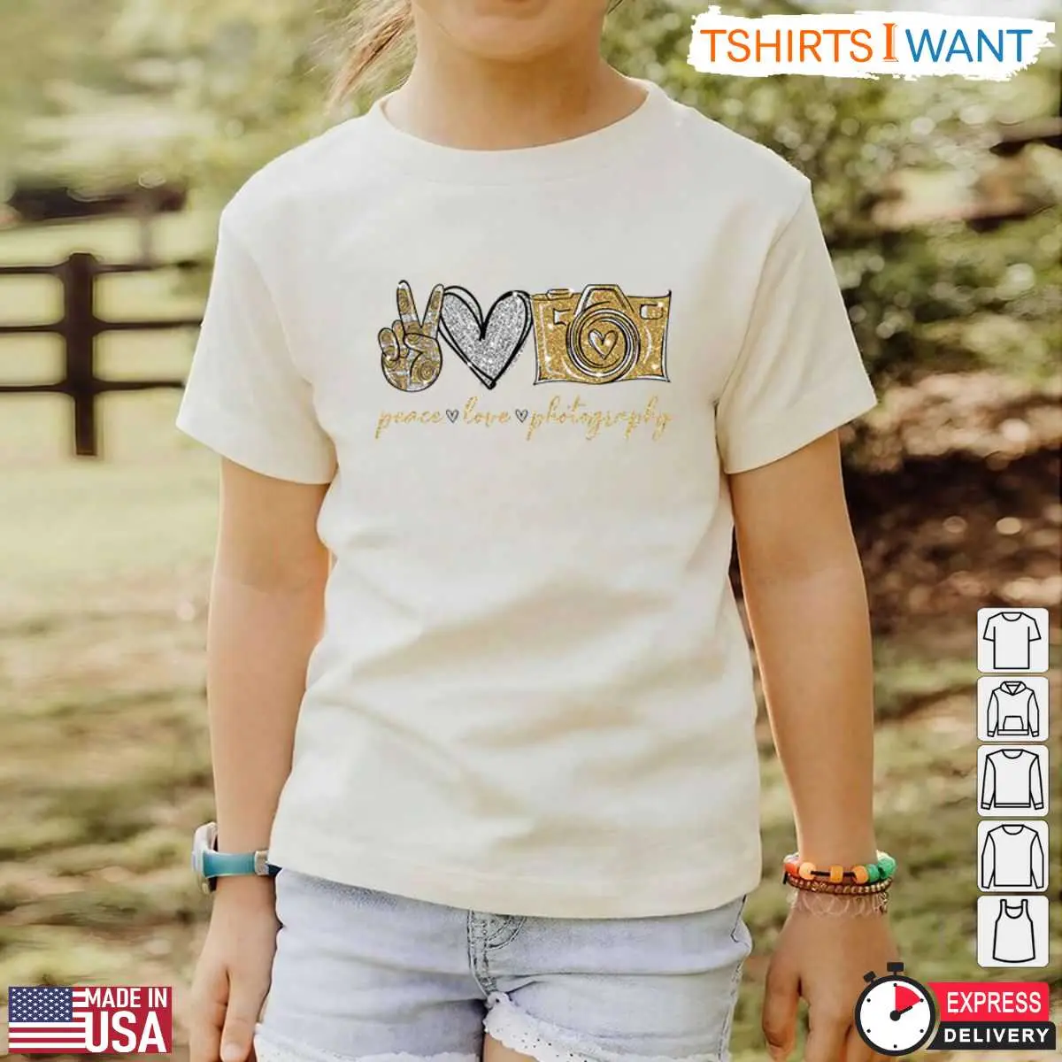 Peace Love Photography Shirt Gold Glitter Camera Design for Photography Enthusiasts 4 1.jpg