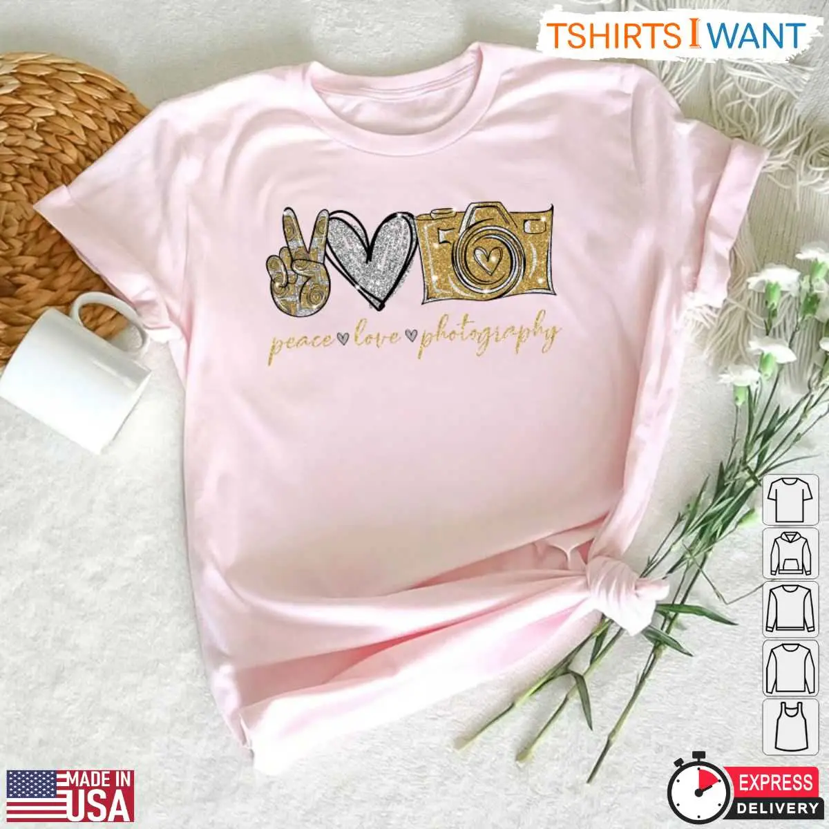 Peace Love Photography Shirt Gold Glitter Camera Design for Photography Enthusiasts 5 1.jpg
