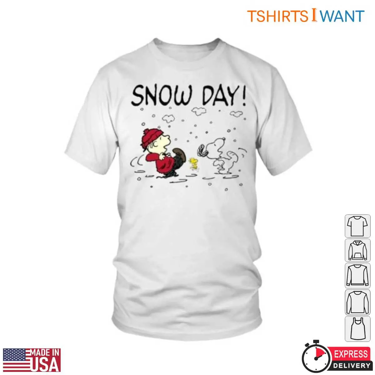 Peanuts Snow Day T-Shirt - Charlie Brown and Snoopy Winter Fun Graphic 12 Peanuts Snow Day T-Shirt Front View