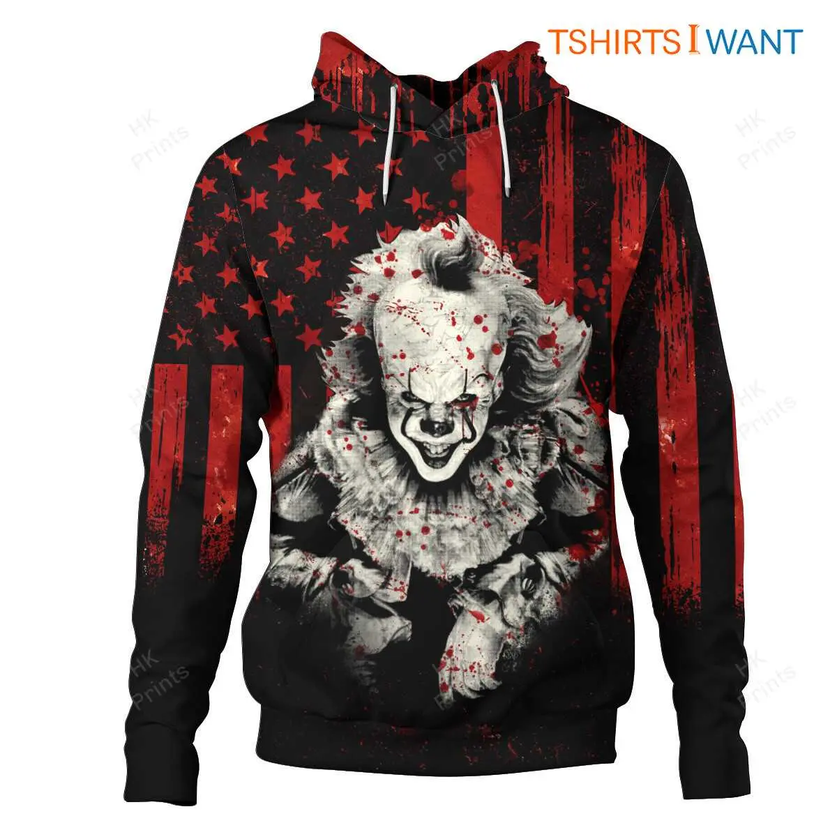 Pennywise Clown Hoodie – American Flag Horror Theme, Scary Halloween All Over Printed Costume 6 Pennywise Clown Hoodie Front