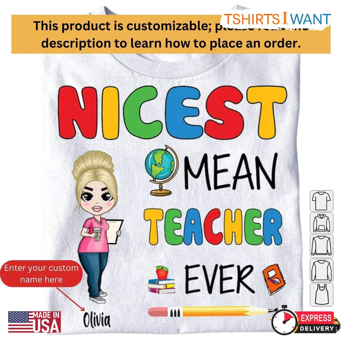 Personalized Teacher Shirt, Custom 'Nicest Mean Teacher' Back-to-School Gift, Teacher Appreciation Tee 5 Personalized Teacher Shirt detail view