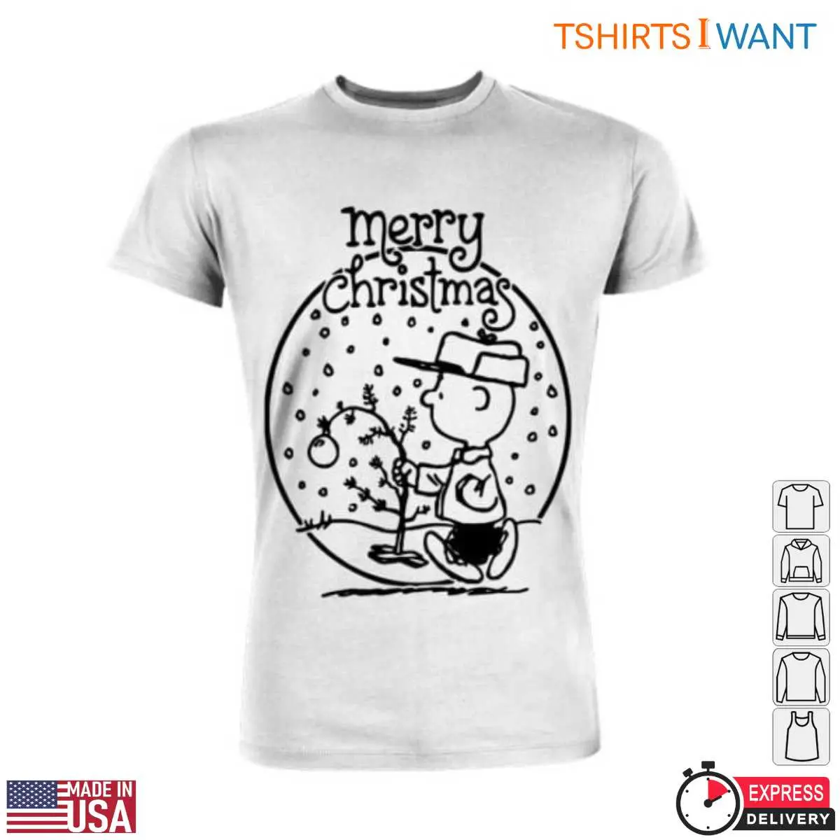 Pictures of Merry Christmas Charlie Brown T-Shirt - Classic Design with Christmas Tree and Snow 13 Merry Christmas Charlie Brown T-Shirt Detail