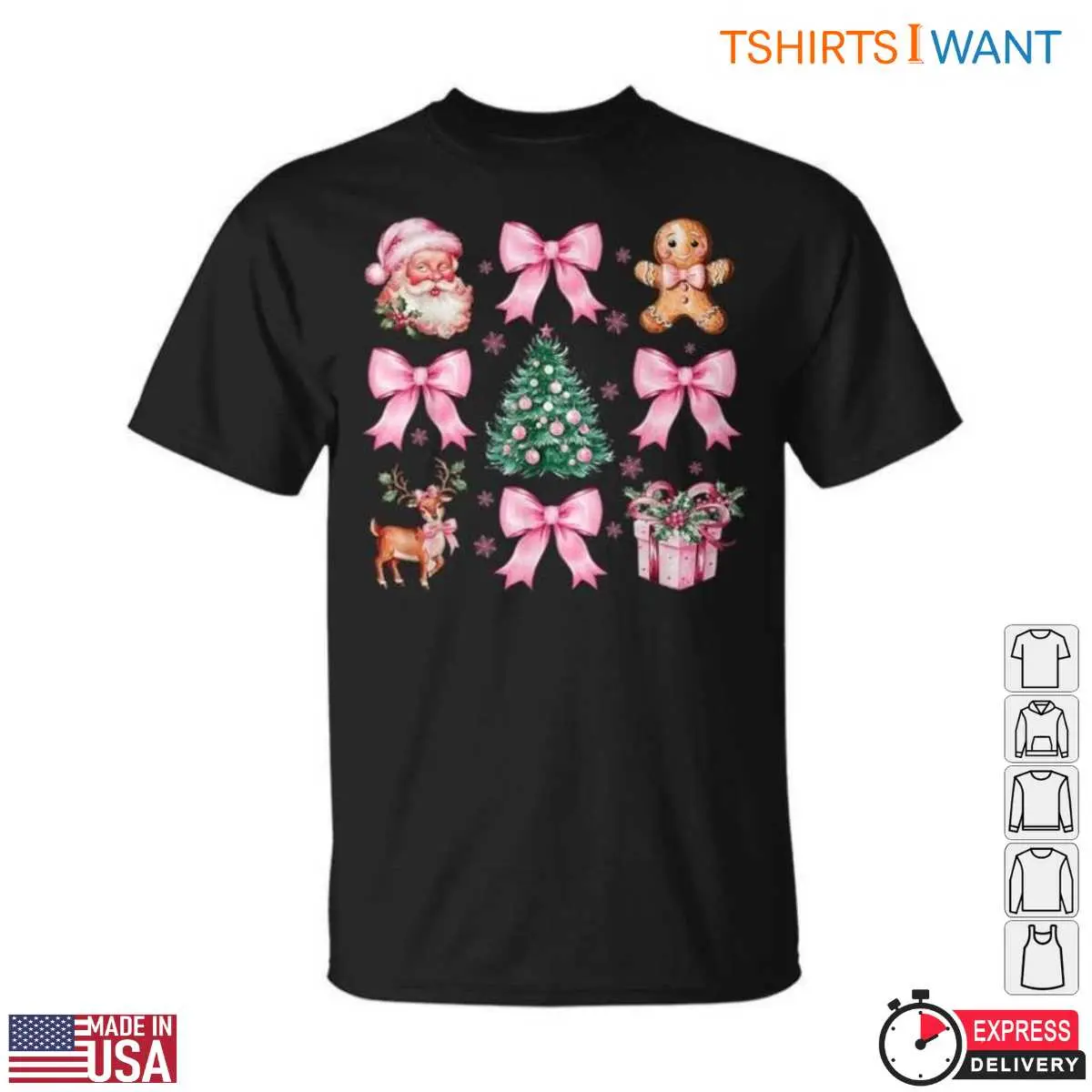 Pink Christmas Decorations T-Shirt - Santa, Tree, and Bows Holiday Graphic Tee 1 Pink Christmas Decorations Festive T Shirt 1 1.jpg