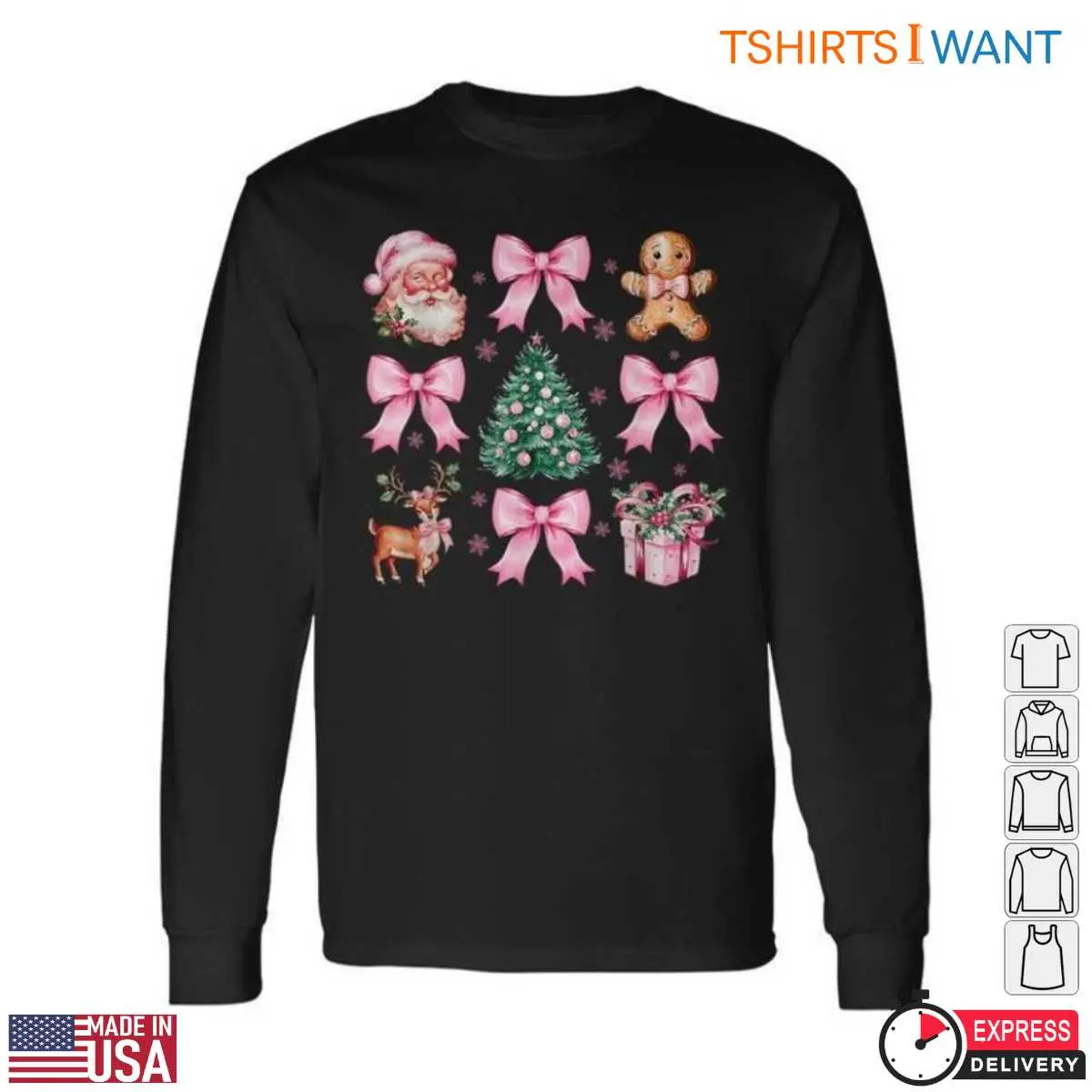 Pink Christmas Decorations T-Shirt - Santa, Tree, and Bows Holiday Graphic Tee 2 Pink Christmas Decorations Festive T Shirt 2 1.jpg
