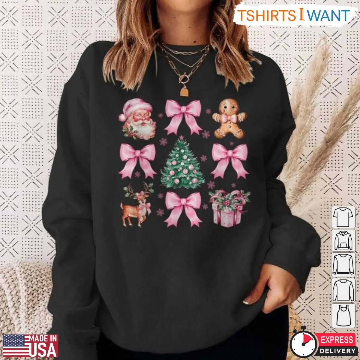 Pink Christmas Decorations T-Shirt - Santa, Tree, and Bows Holiday Graphic Tee 3 Pink Christmas Decorations Festive T Shirt 3 1.jpg