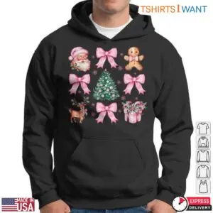 Pink Christmas Decorations T-Shirt - Santa, Tree, and Bows Holiday Graphic Tee 9 Pink Christmas Decorations Festive T Shirt 4 1.jpg