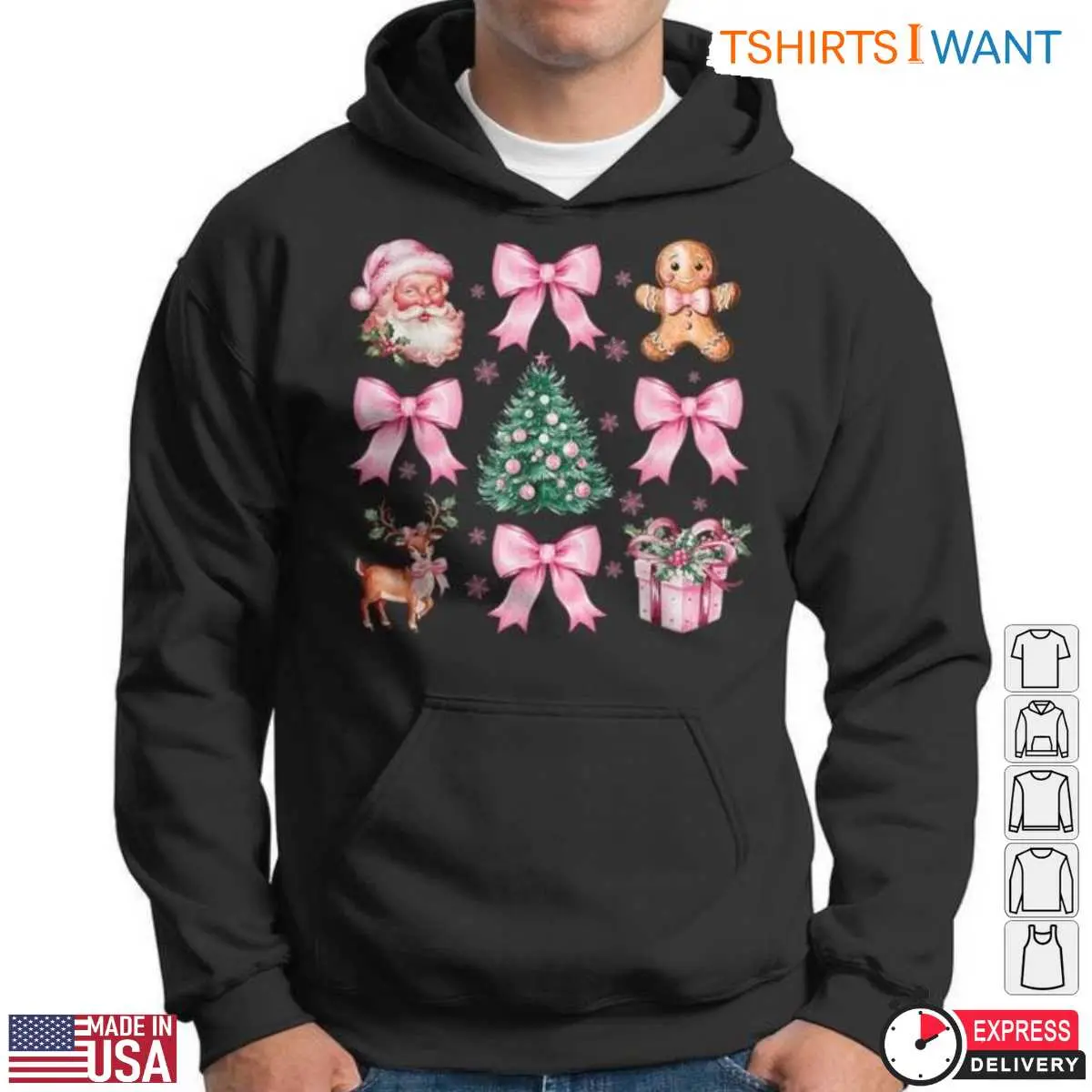 Pink Christmas Decorations T-Shirt - Santa, Tree, and Bows Holiday Graphic Tee 13 Pink Christmas Decorations T-Shirt Detail
