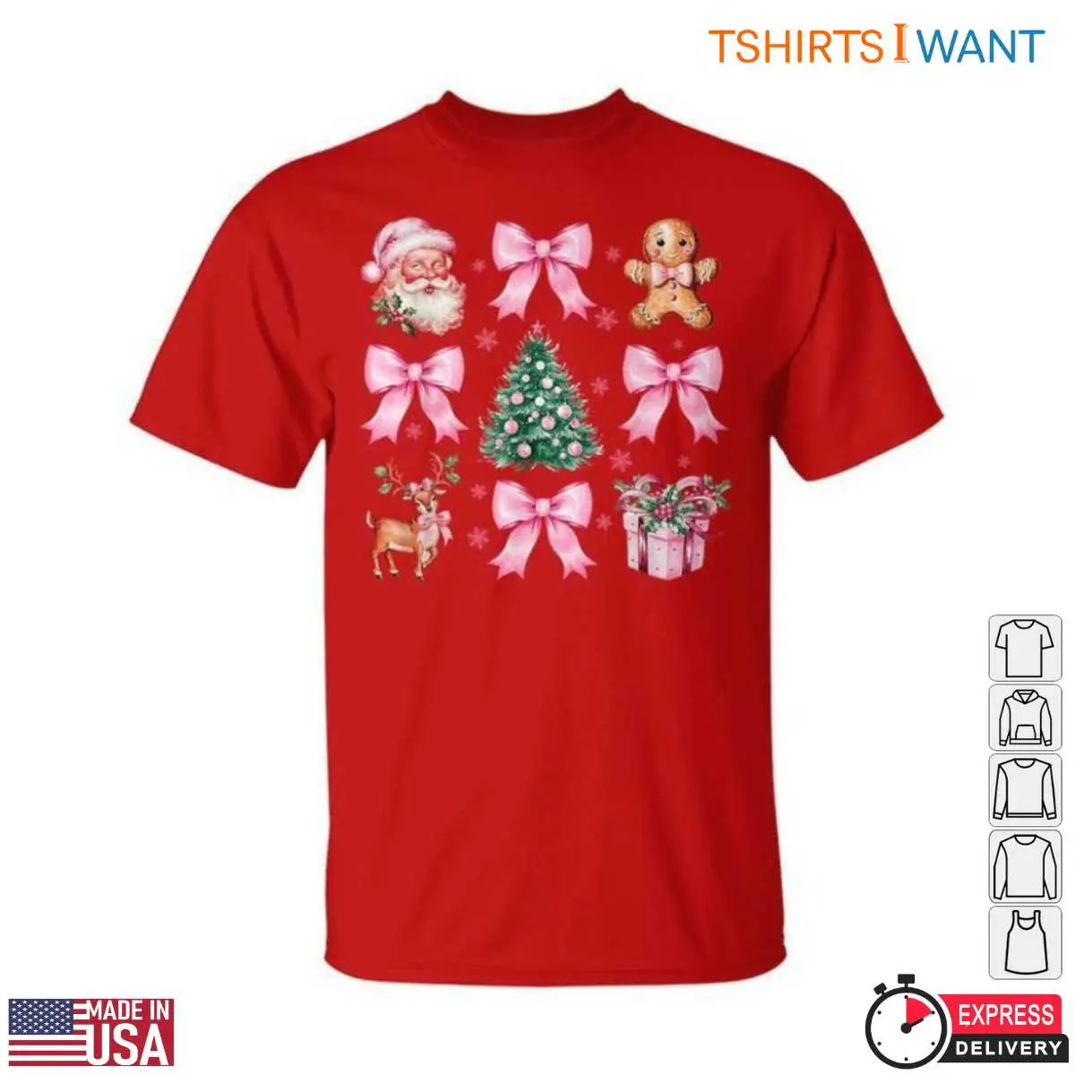 Pink Christmas Decorations T-Shirt - Santa, Tree, and Bows Holiday Graphic Tee 6 Pink Christmas Decorations Festive T Shirt 6 1.jpg
