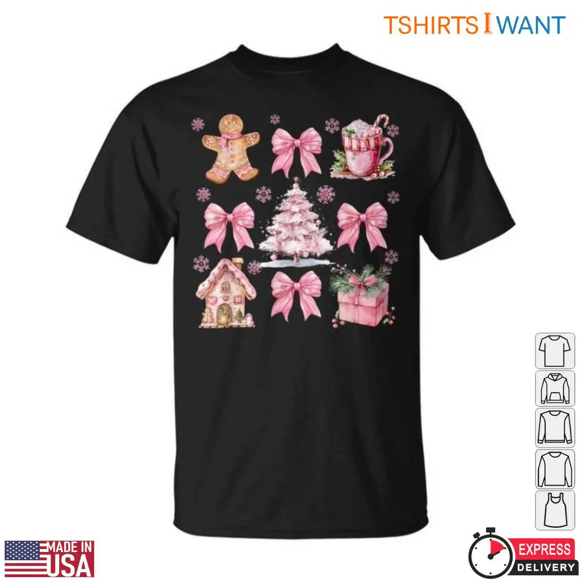 Pink Coquette Bow Gingerbread, Pink Tree, and Holiday Cheer Christmas Tee 12 Pink Coquette Bow T-Shirt Front View
