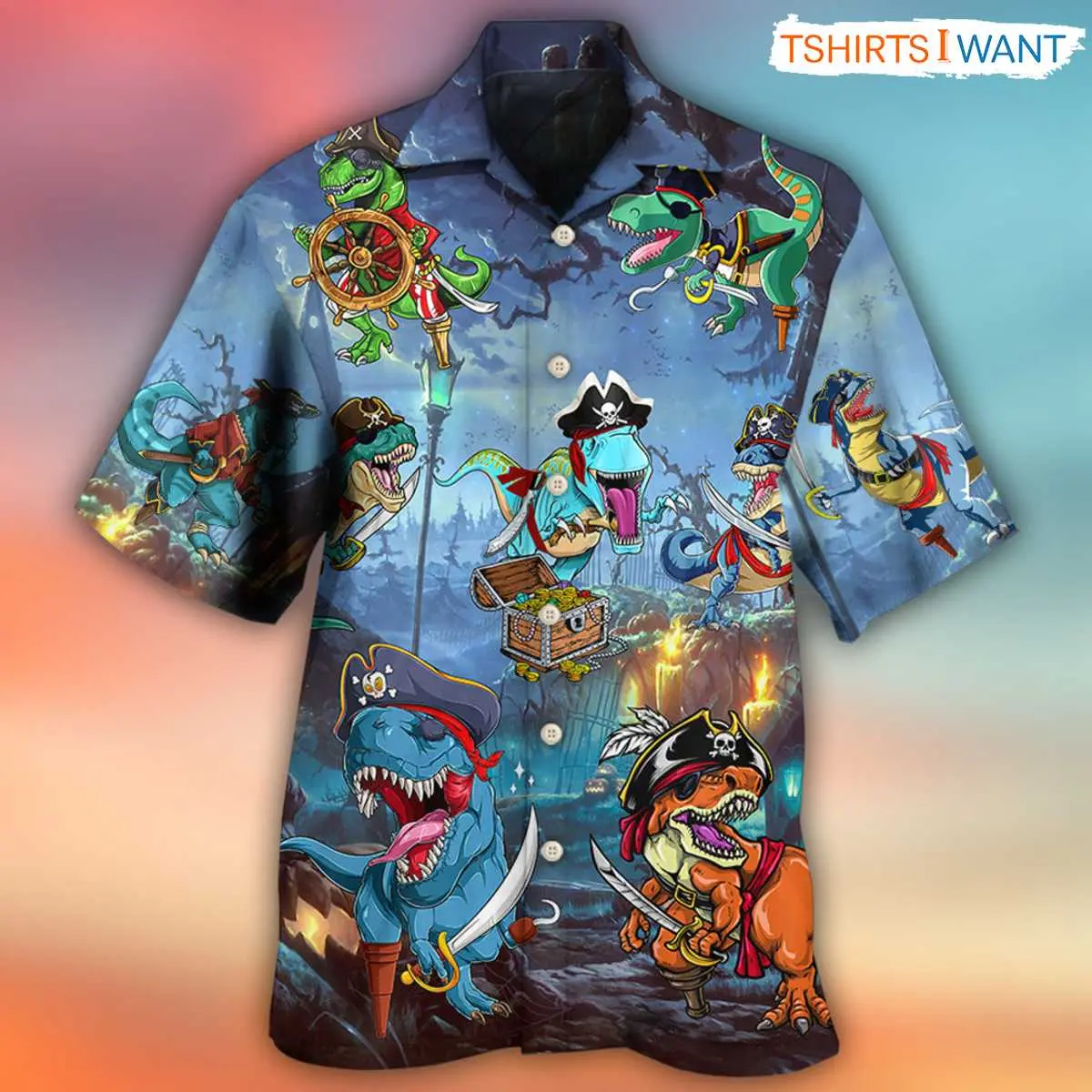 Pirate Dinosaur Hawaiian Halloween Shirt: A Scary Jurassic Treasure Adventure 4 Pirate Dinosaur Hawaiian Halloween Shirt front view