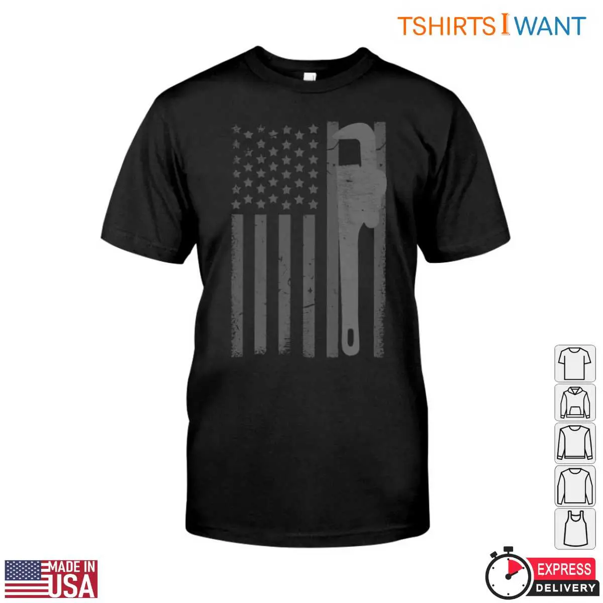 Plumber Flag T-Shirt - American Flag with Wrench Graphic Design 12 Plumber Flag T-Shirt Front View