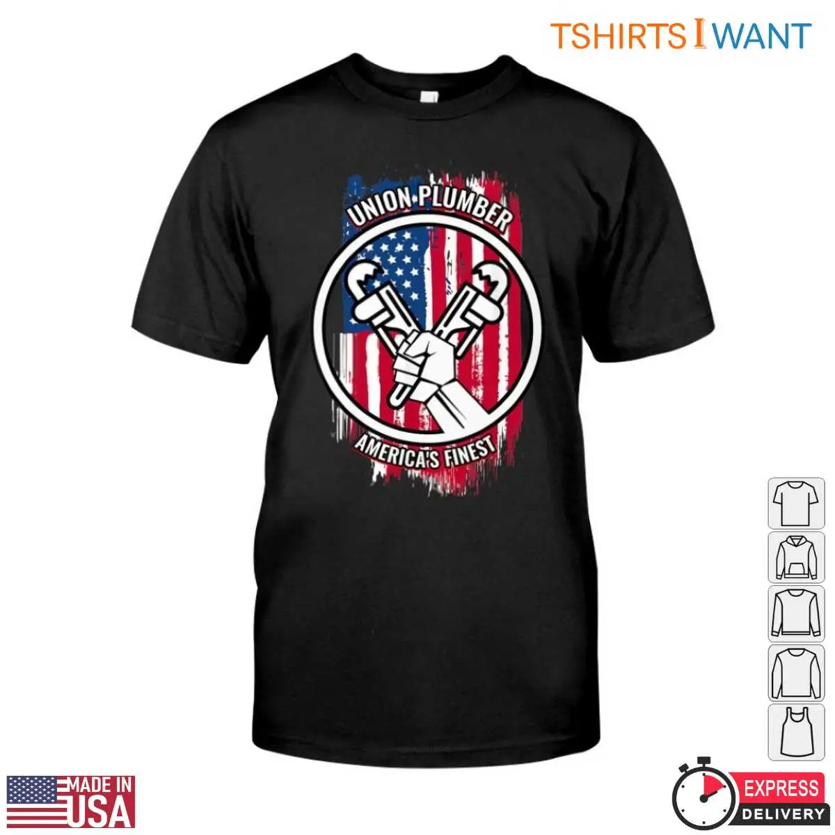 Plumber Union T-Shirt: America's Finest With Wrench And Flag Graphic 12 Plumber Union T-Shirt Front View