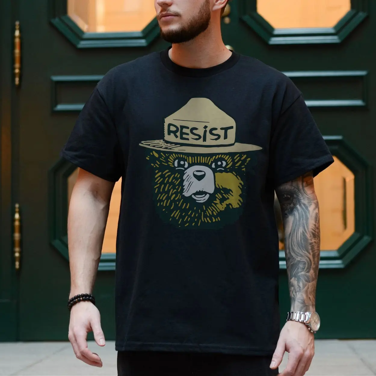 Resist Bear T Shirt E28093 Graphic Tee with Ranger Hat and Protest Message 4.jpg