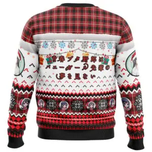 Back view of red tartan plaid Bunny Girl Senpai ugly Christmas sweater featuring the Japanese title and hanging holiday gifts
