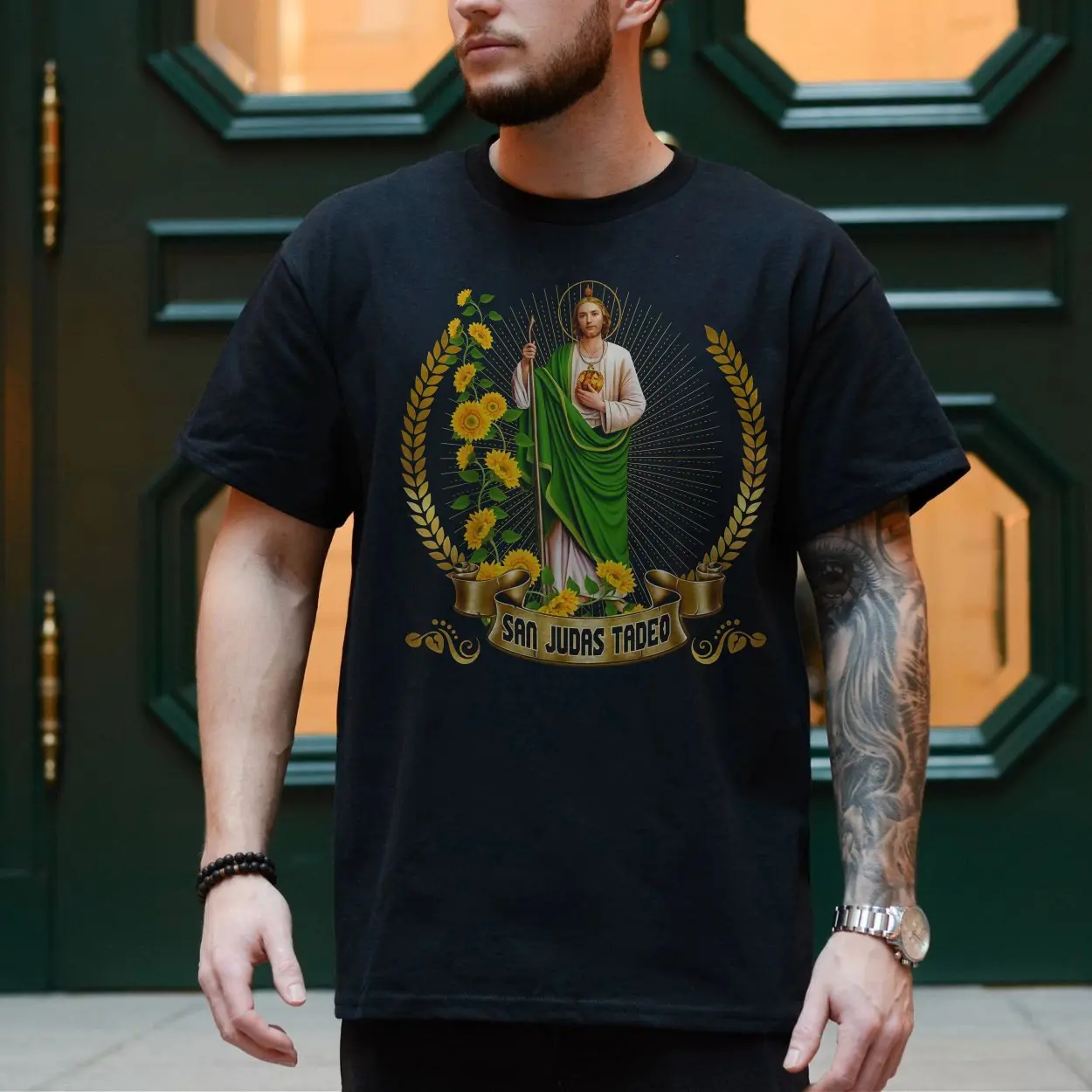 San Judas Tadeo T Shirt E28093 Religious Graphic Tee with Sunflowers 4.jpg