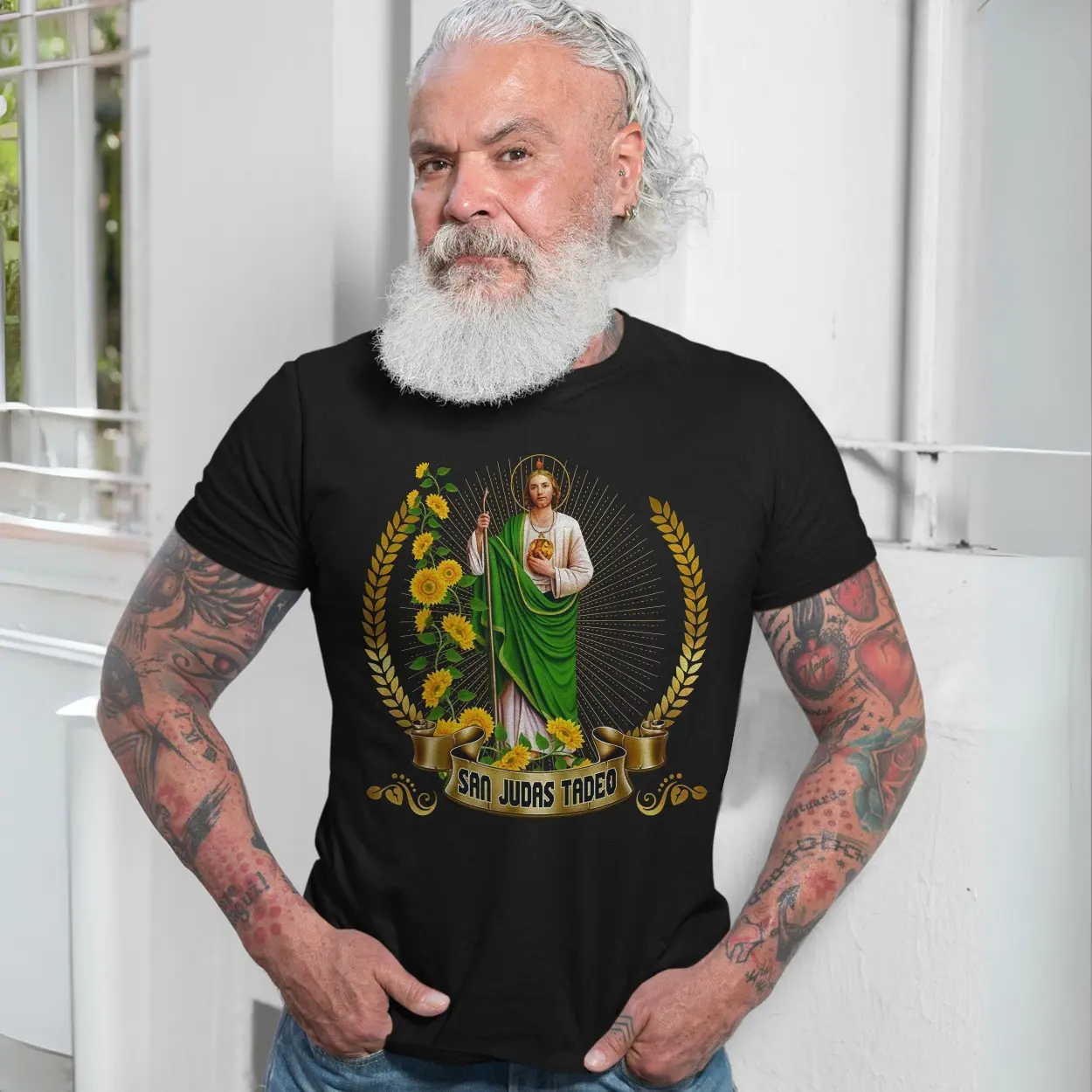 San Judas Tadeo T Shirt E28093 Religious Graphic Tee with Sunflowers 7.jpg