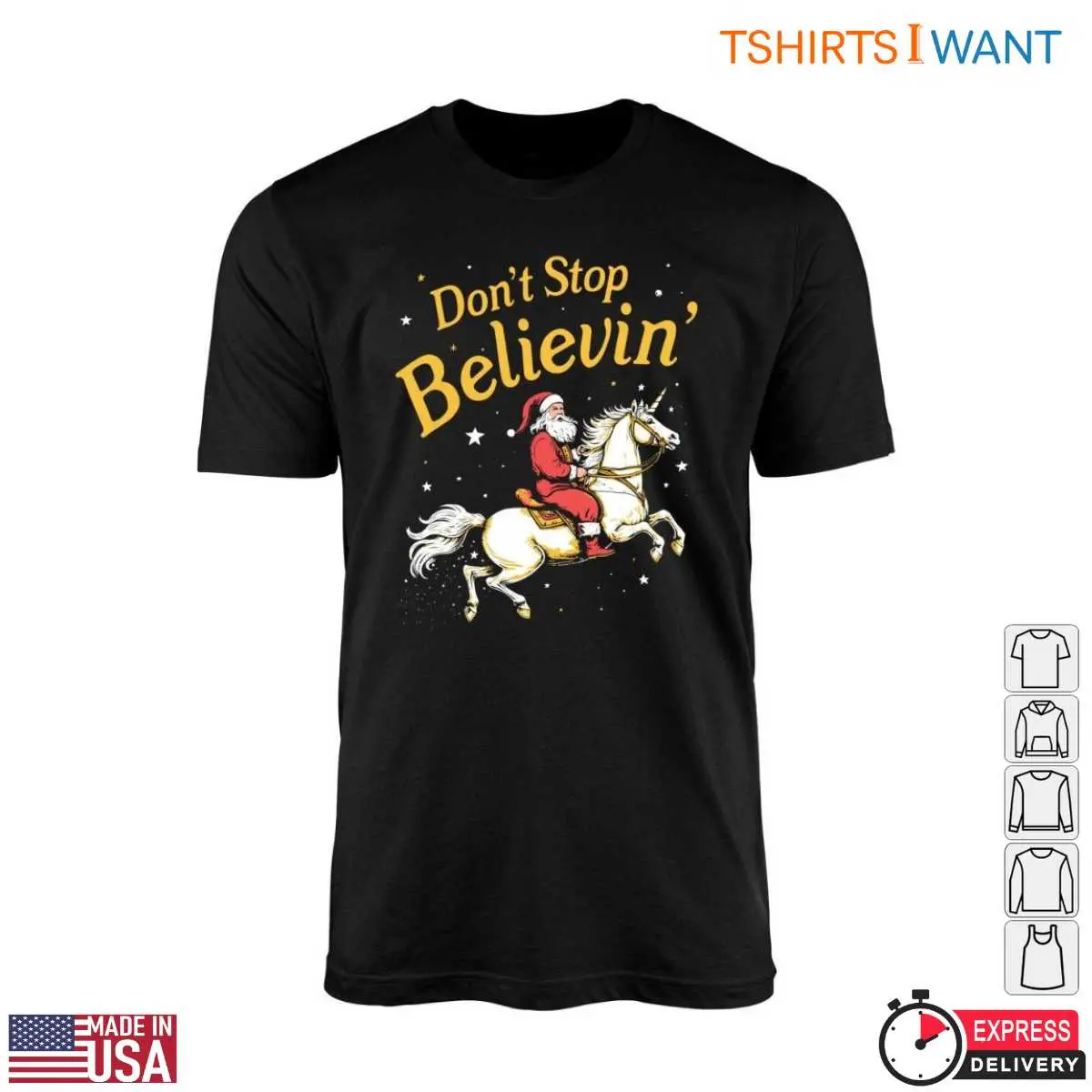 Santa Claus Riding a Horse Christmas T-Shirt – 'Don’t Stop Believin’ 10 Santa Claus Riding a Horse Christmas T-Shirt Front View