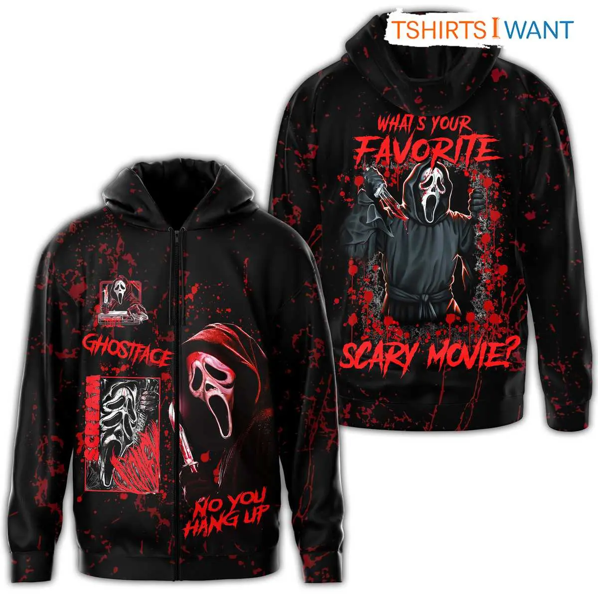 Scream Ghostface Hoodie, Splatter Design Horror Movie Fan, All-Over Print Apparel, Halloween Costume 8 Scream Ghostface Hoodie Front View