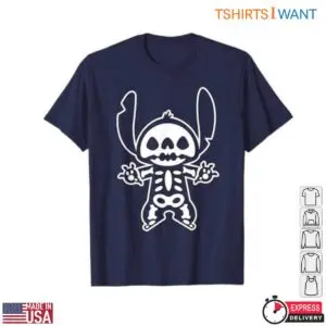 Navy blue crew neck t-shirt flat lay featuring a white line-art Skeleton Stitch Halloween skull and ribcage graphic