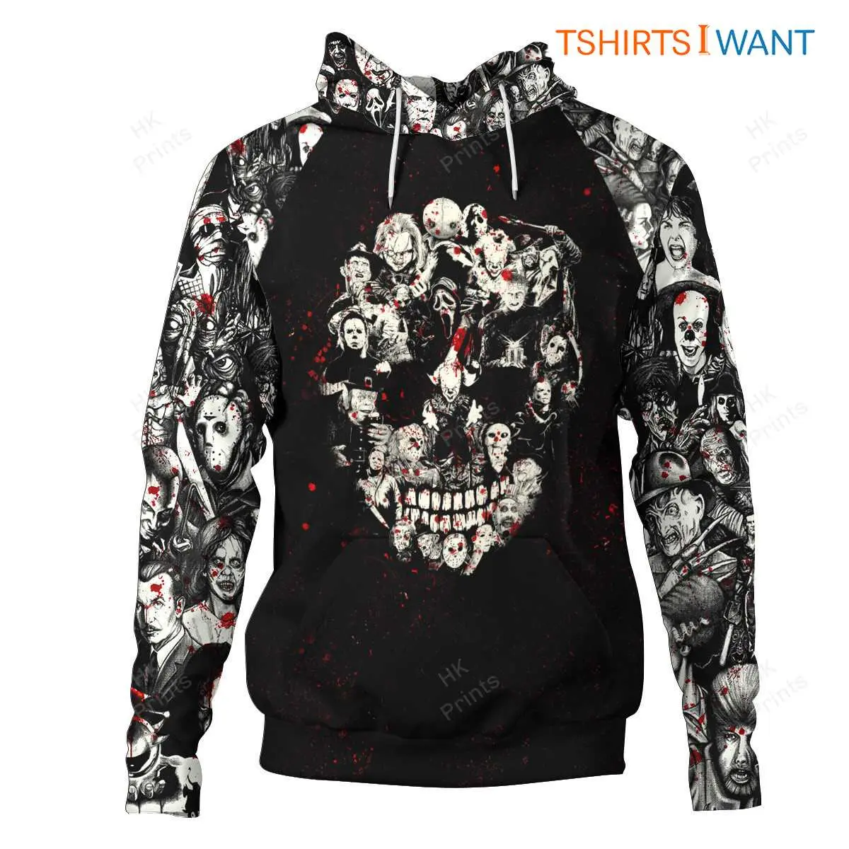 Skull Character Horror Villains Hoodie – Ultimate Bloody Scary Halloween Clothing for Horror Movie Fans 6 Skull Character Horror Villains Hoodie Front