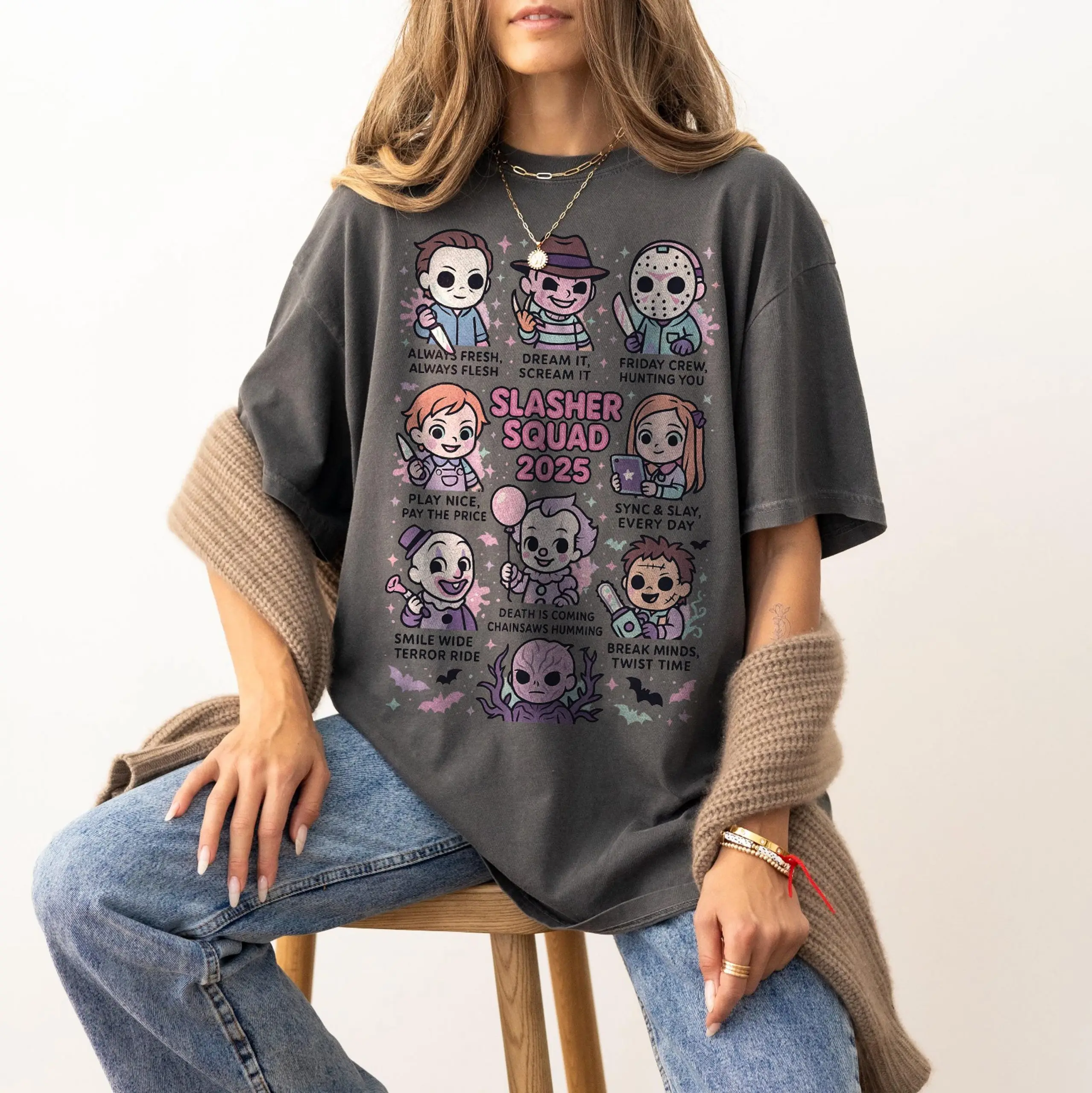 Slasher Squad 2025 Shirt – Cute Pastel Horror Movie Characters Tee 3