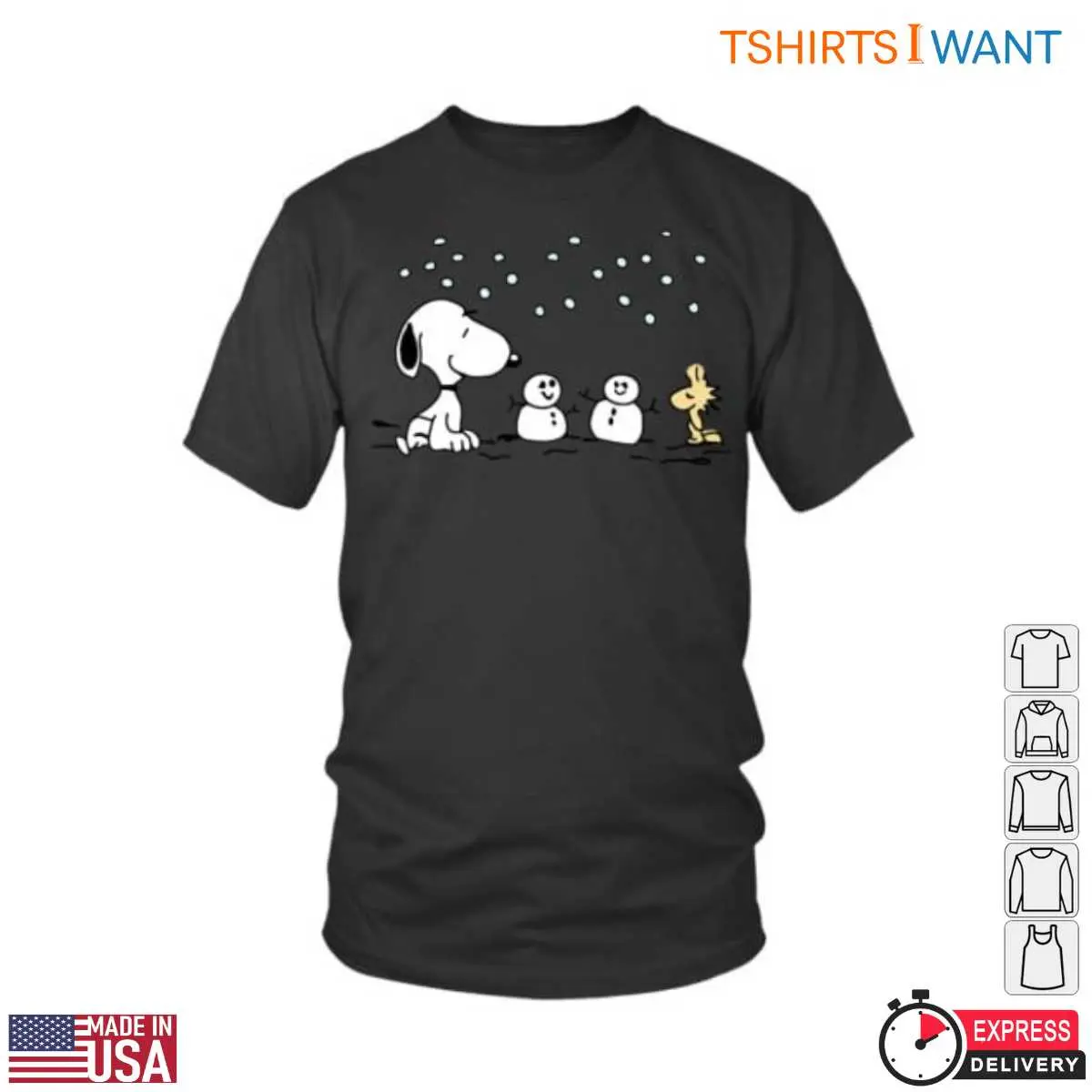 Snoopy and Woodstock T-Shirt - Snowman Holiday Scene Christmas Tee 12 Snoopy and Woodstock Holiday Scene T-Shirt Front View