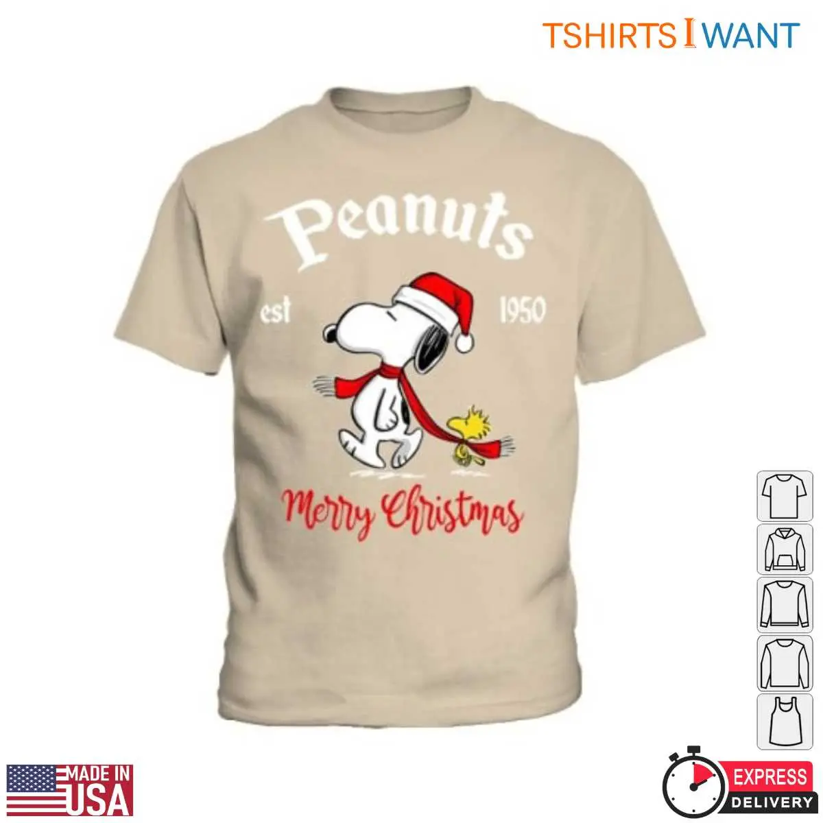 Snoopy and Woodstock Images T-Shirt - Holiday Peanuts Characters Merry Christmas 14 Snoopy and Woodstock Christmas T-Shirt Front View