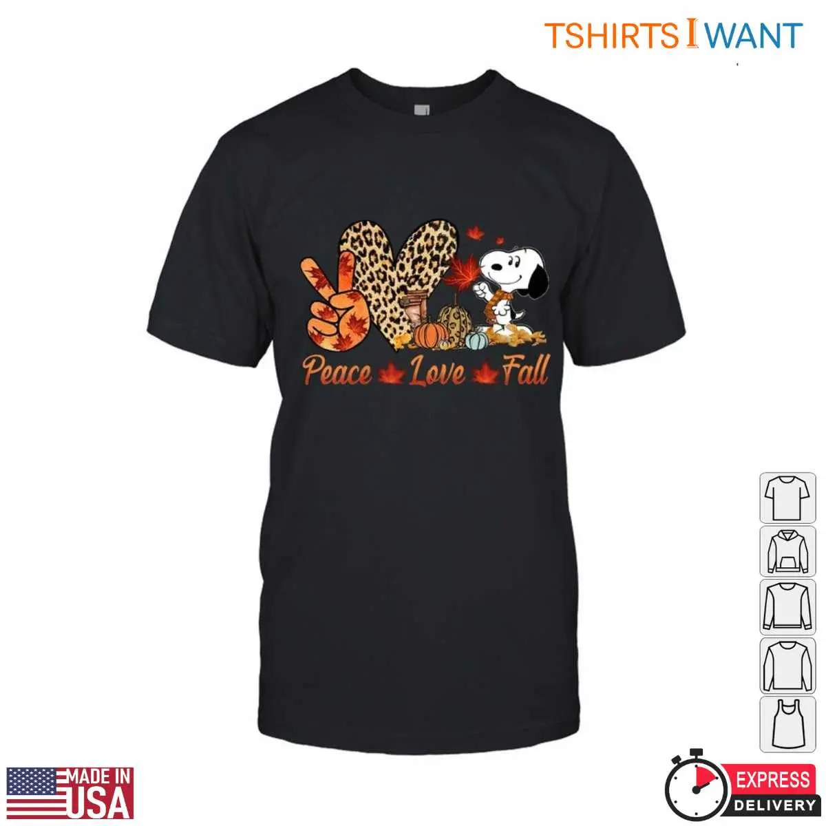 Snoopy Autumn Pictures T-Shirt - 'Peace Love Fall' Boho Chic Fall Tee 14 Snoopy Autumn Pictures T-Shirt Front View