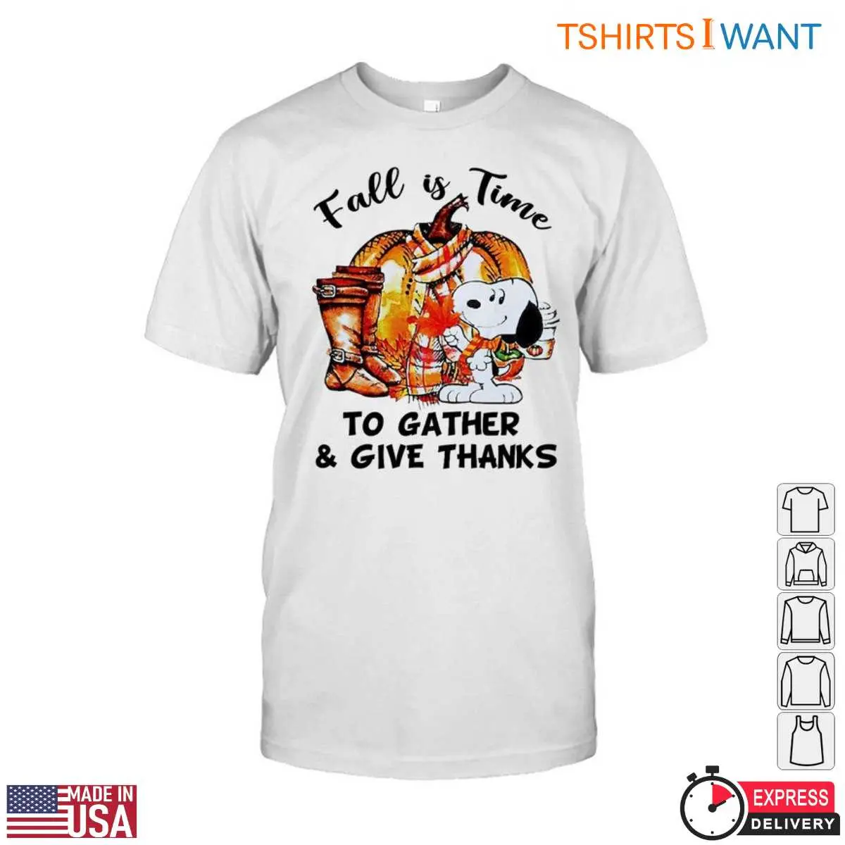 Snoopy Autumn T-Shirt - 'Fall is Time to Gather & Give Thanks' Harvest & Cornucopia Design Tee 14 Snoopy Autumn T-Shirt Front View