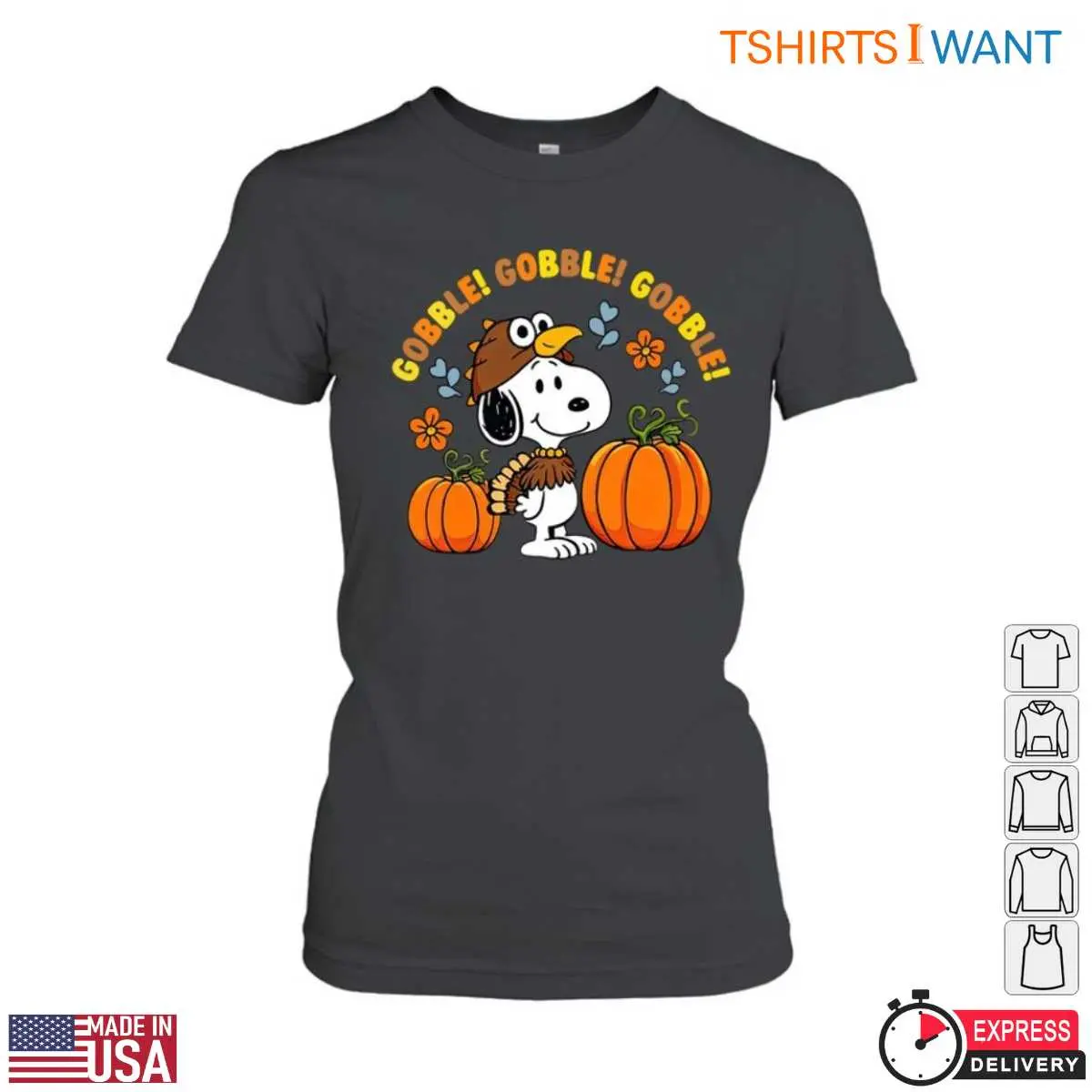 Snoopy Thanksgiving Images T-Shirt - Gobble Gobble Fun Graphic Tee with Pumpkins 14 Snoopy Thanksgiving Images T-Shirt Front View