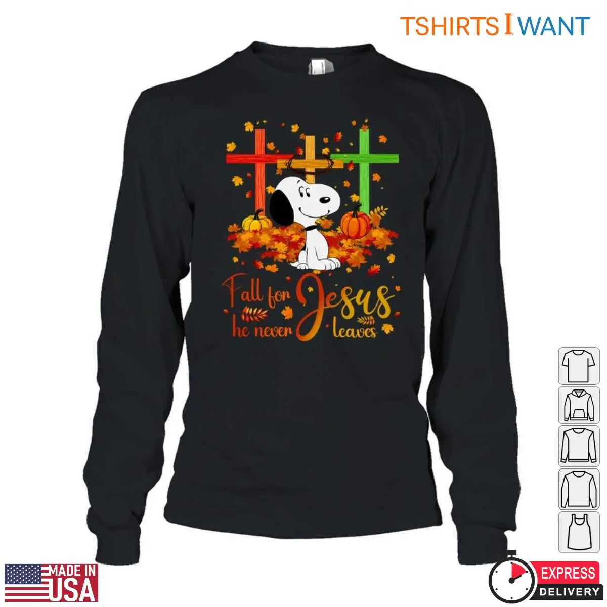 Snoopy in the Fall T-Shirt - 'Fall for Jesus, He Never Leaves' with Crosses Christian Autumn Design 15 Snoopy in the Fall T-Shirt Detail