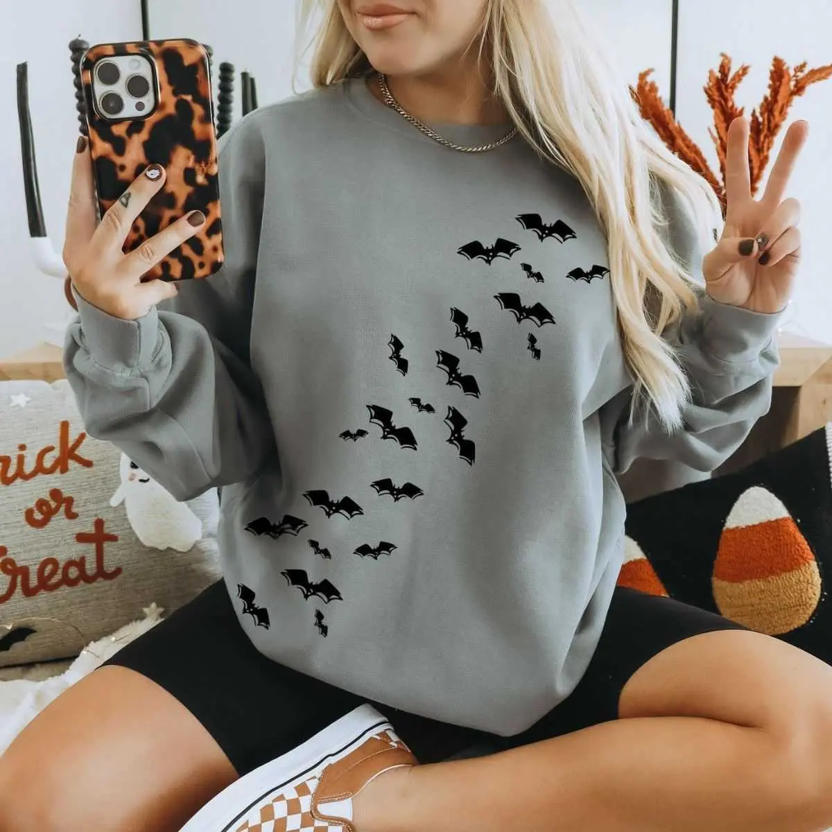 Bat Halloween Haunted House Sweatshirt - Spooky Season Gif