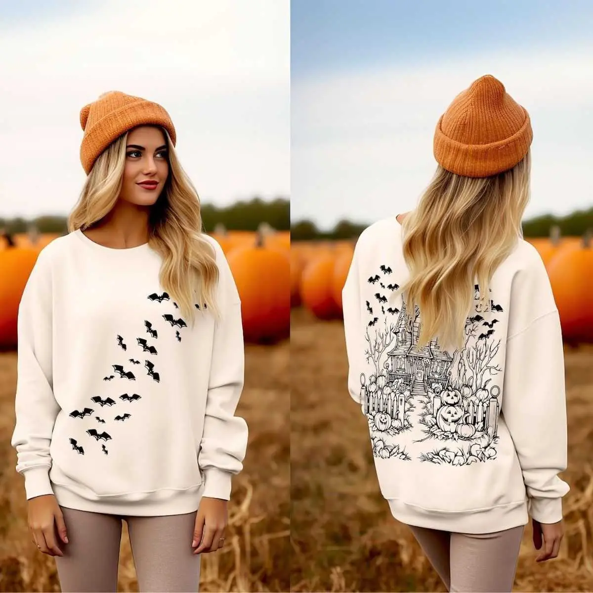 Bat Halloween Haunted House Sweatshirt - Spooky Season Gif White