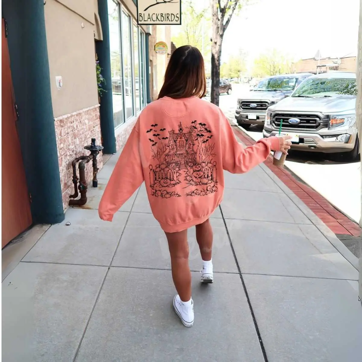 Bat Halloween Haunted House Sweatshirt - Spooky Season Gif Orange