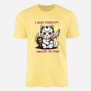 Stabby Cat Horror T Shirt – Cute Killer Kitty with Jason Mask, Funny Halloween Graphic Tee 2