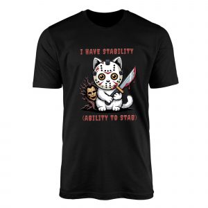 Stabby Cat Horror T Shirt – Cute Killer Kitty with Jason Mask, Funny Halloween Graphic Tee 3