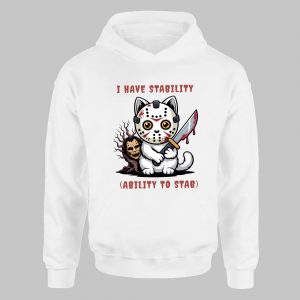 Stabby Cat Horror T Shirt – Cute Killer Kitty with Jason Mask, Funny Halloween Graphic Tee 4