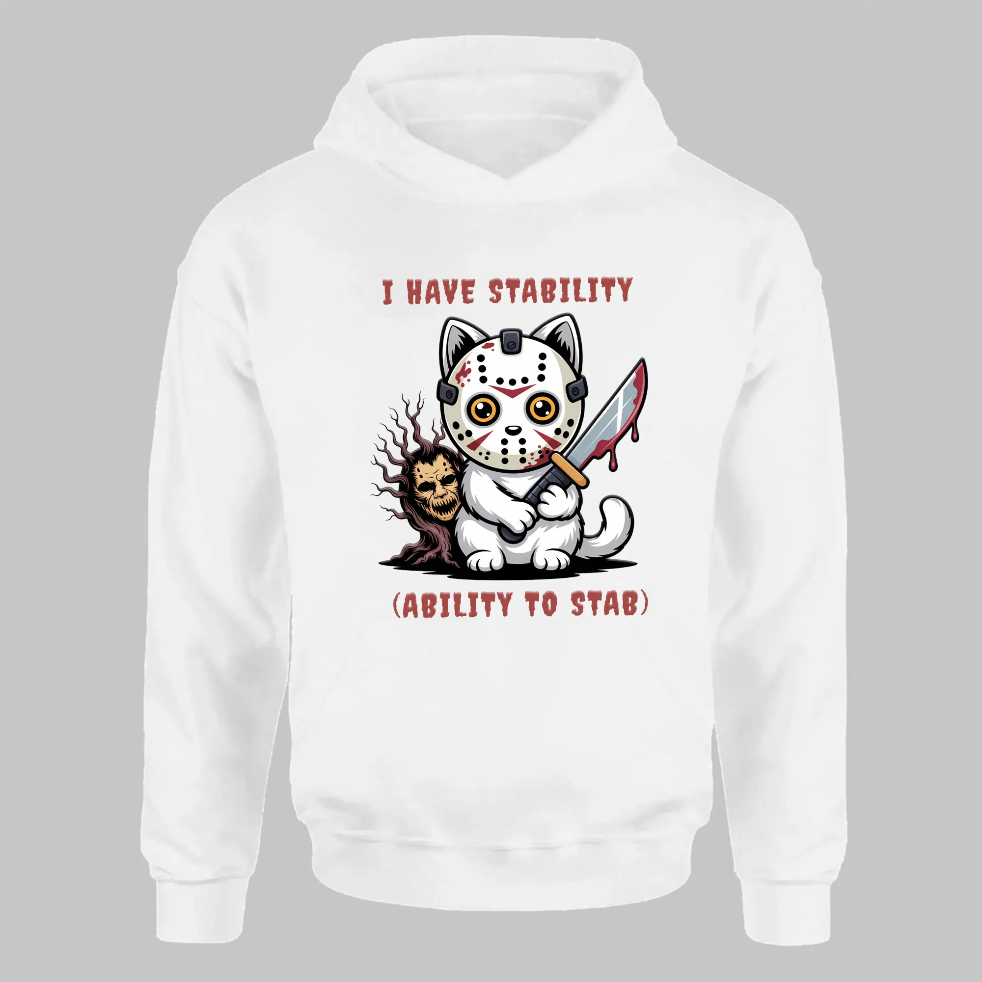 Stabby Cat Horror T Shirt – Cute Killer Kitty with Jason Mask, Funny Halloween Graphic Tee 4