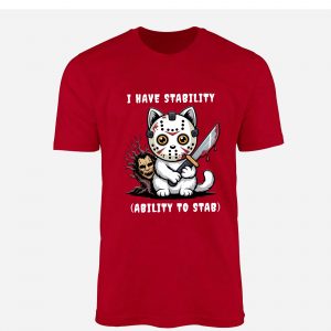 Stabby Cat Horror T Shirt – Cute Killer Kitty with Jason Mask, Funny Halloween Graphic Tee 5