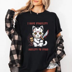 Stabby Cat Horror T Shirt – Cute Killer Kitty with Jason Mask, Funny Halloween Graphic Tee 6