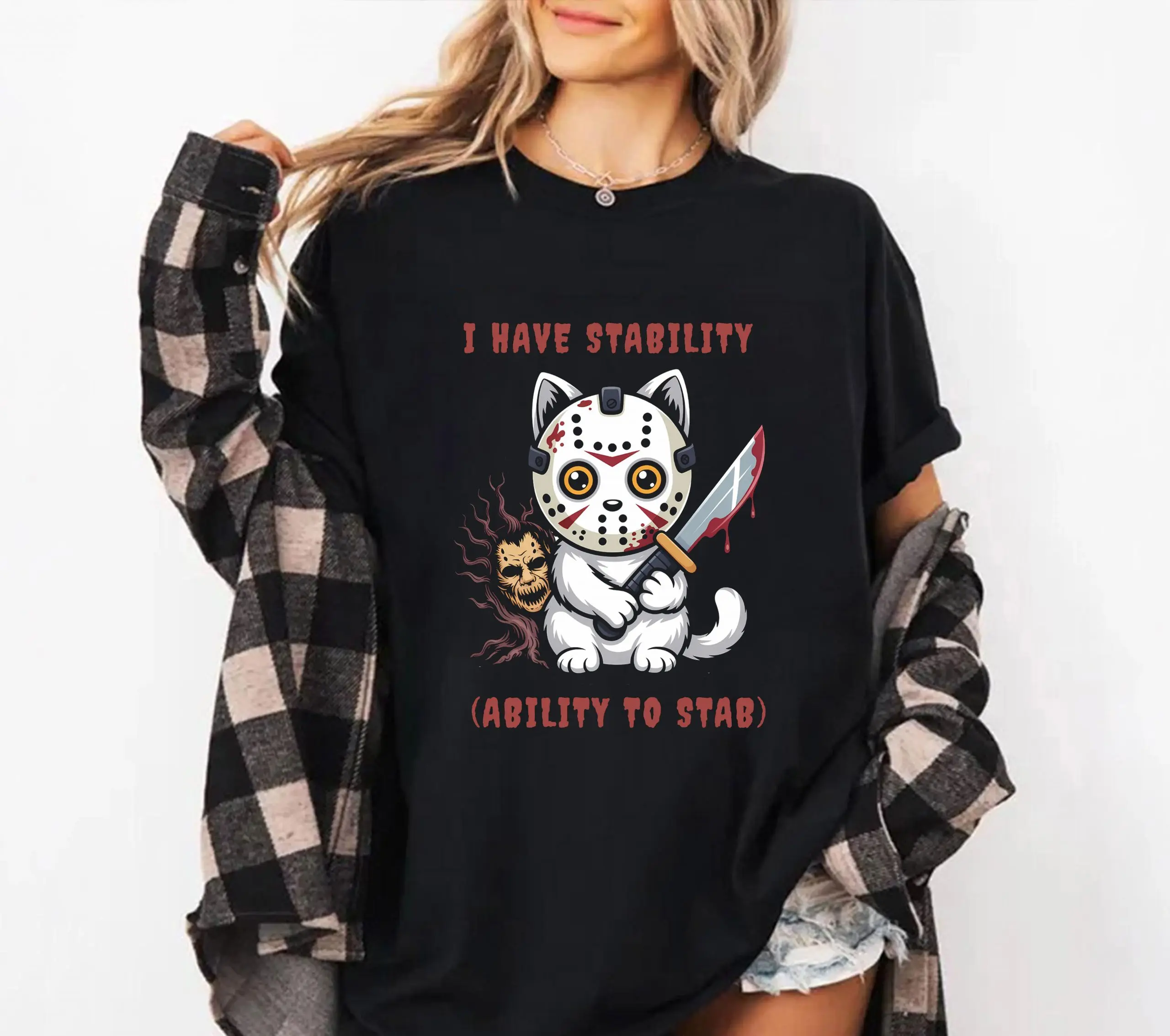 Stabby Cat Horror T Shirt – Cute Killer Kitty with Jason Mask, Funny Halloween Graphic Tee 6