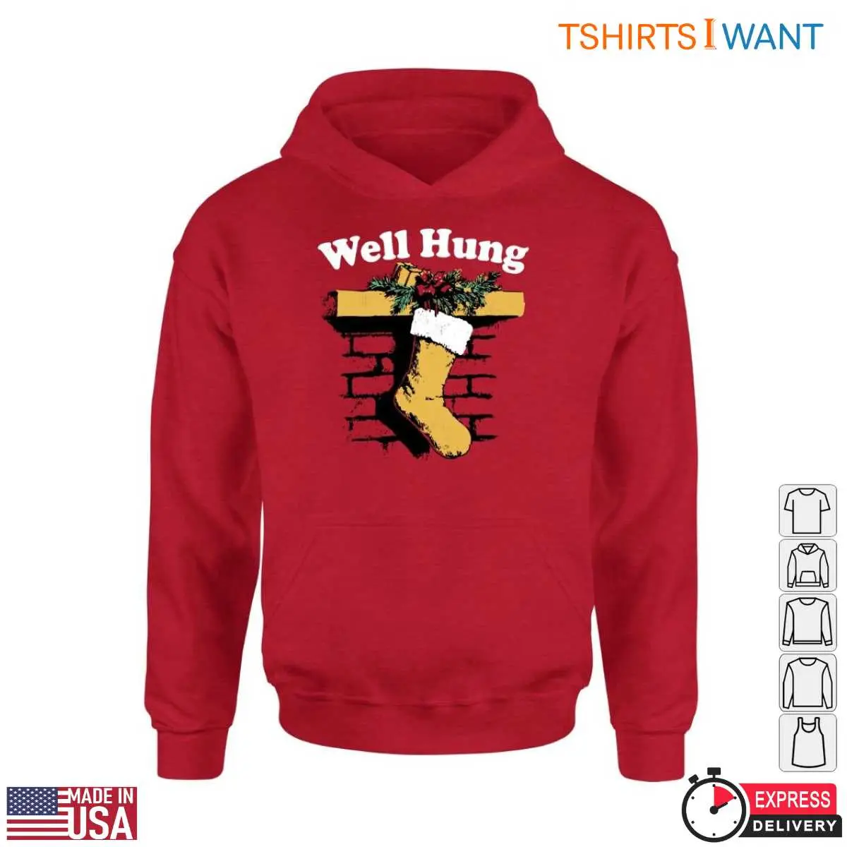Stockings Christmas T-shirt – 'Well Hung' Fireplace Humorous Holiday 11 Well Hung Stockings Christmas T-Shirt Model View